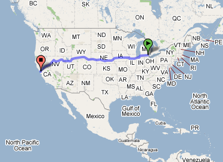 Google Map between Ann Arbor and San Francisco